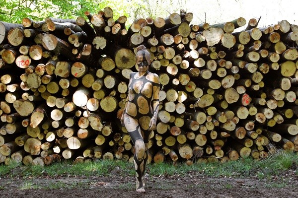 Xem mẫu nữ nude được “ngụy trang” tài tình bên khúc gỗ, vách đá