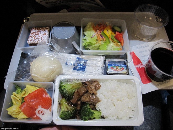 Hãng Delta Airlines của Nhật Bản phục vụ sashimi cá hồi, salad gồm ớt, rau diếp, cà rốt, bắp cải tím. Bên cạnh đó còn có cơm với thịt bò (hoặc thịt gà) xào.