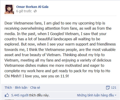 &quot;Chàng trai bị trục xuất&quot; gửi tâm thư tới fan Việt | bị trục xuất vì quá đẹp trai,Omar Borkan Al Gala,Omar Borkan Al Gala sang việt nam