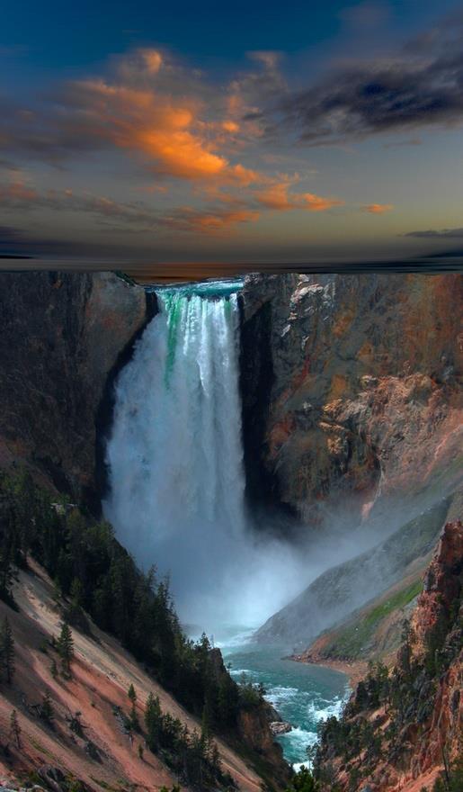 Hoàng hôn buồn không đủ dịu đi sự kỳ vĩ của thác nước tại công viên Yellowstone National Park
