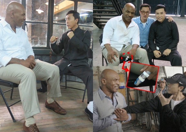 Chân Tử Đan và Mike Tyson trò chuyện với ký giả trên phim trường Diêp Vấn 3.